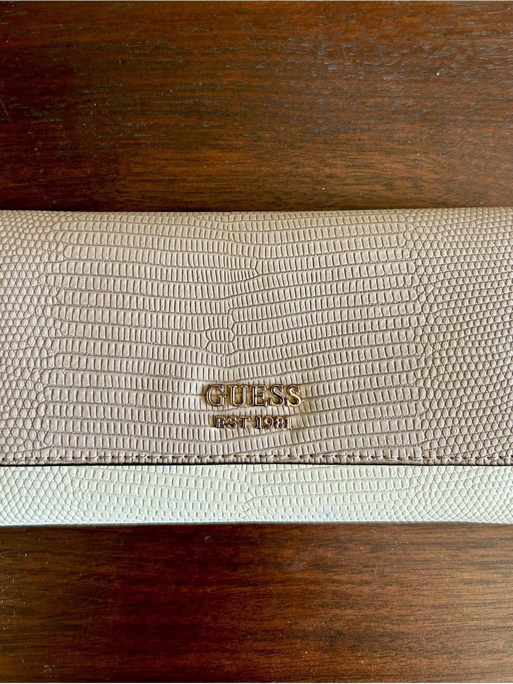 GUESS Beige and Cream Lizard-Embossed Women's Wallet with Gold Logo